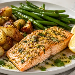 Low FODMAP Lemon Herb Salmon with Roasted Potatoes and Green Beans Recipe