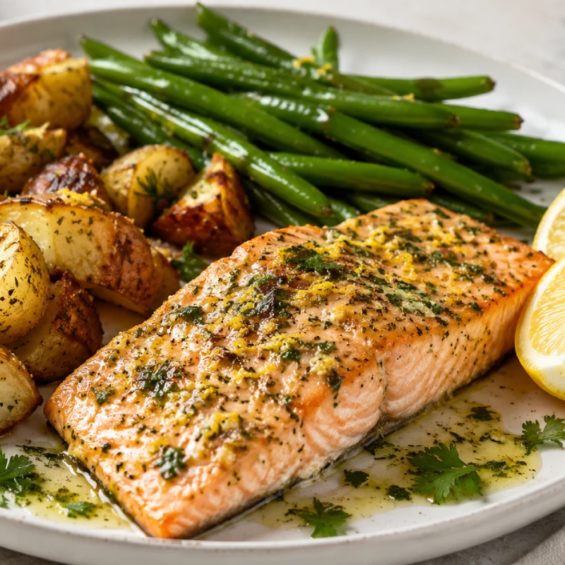 Low FODMAP Lemon Herb Salmon with Roasted Potatoes and Green Beans Recipe