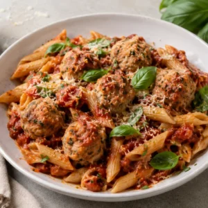 Low FODMAP Turkey Meatballs with Tomato Basil Sauce and Gluten-Free Pasta